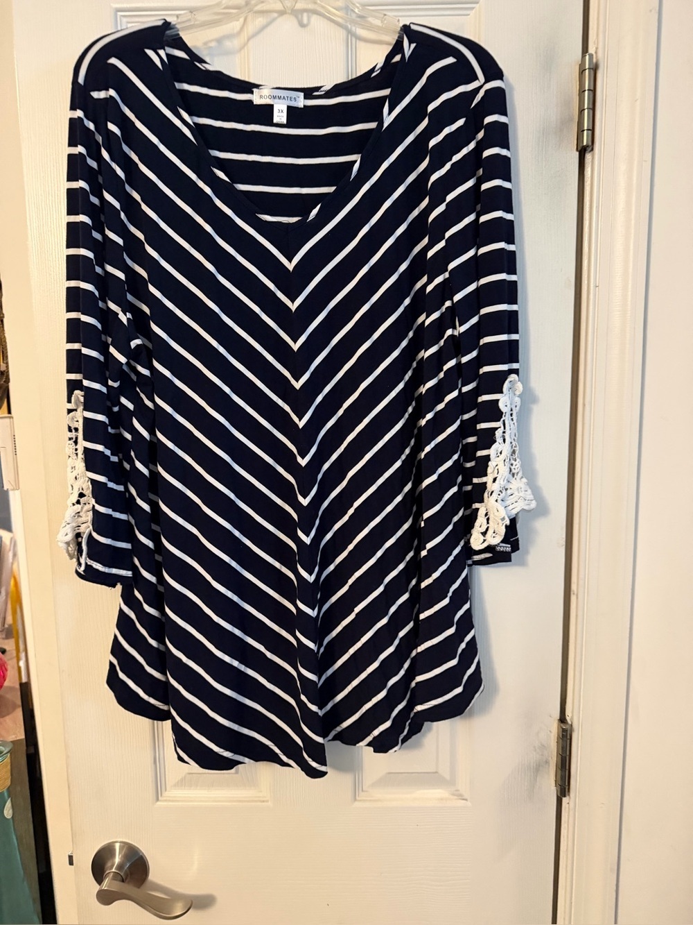 Roommates Navy and White Striped V-Neck Tunic with Crochet Sleeve Detail